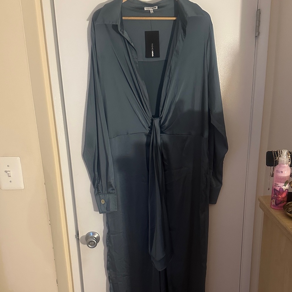 Fashion Nova Satin Teal Long Sleeve Jumpsuit